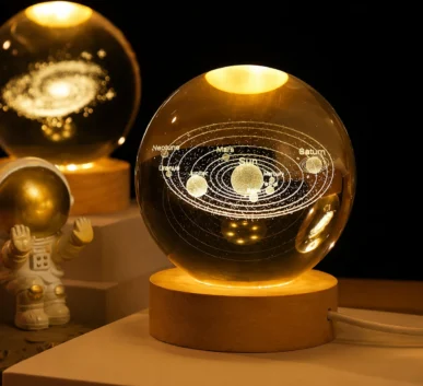 3D crystal ball solar system night lamp with glowing planets