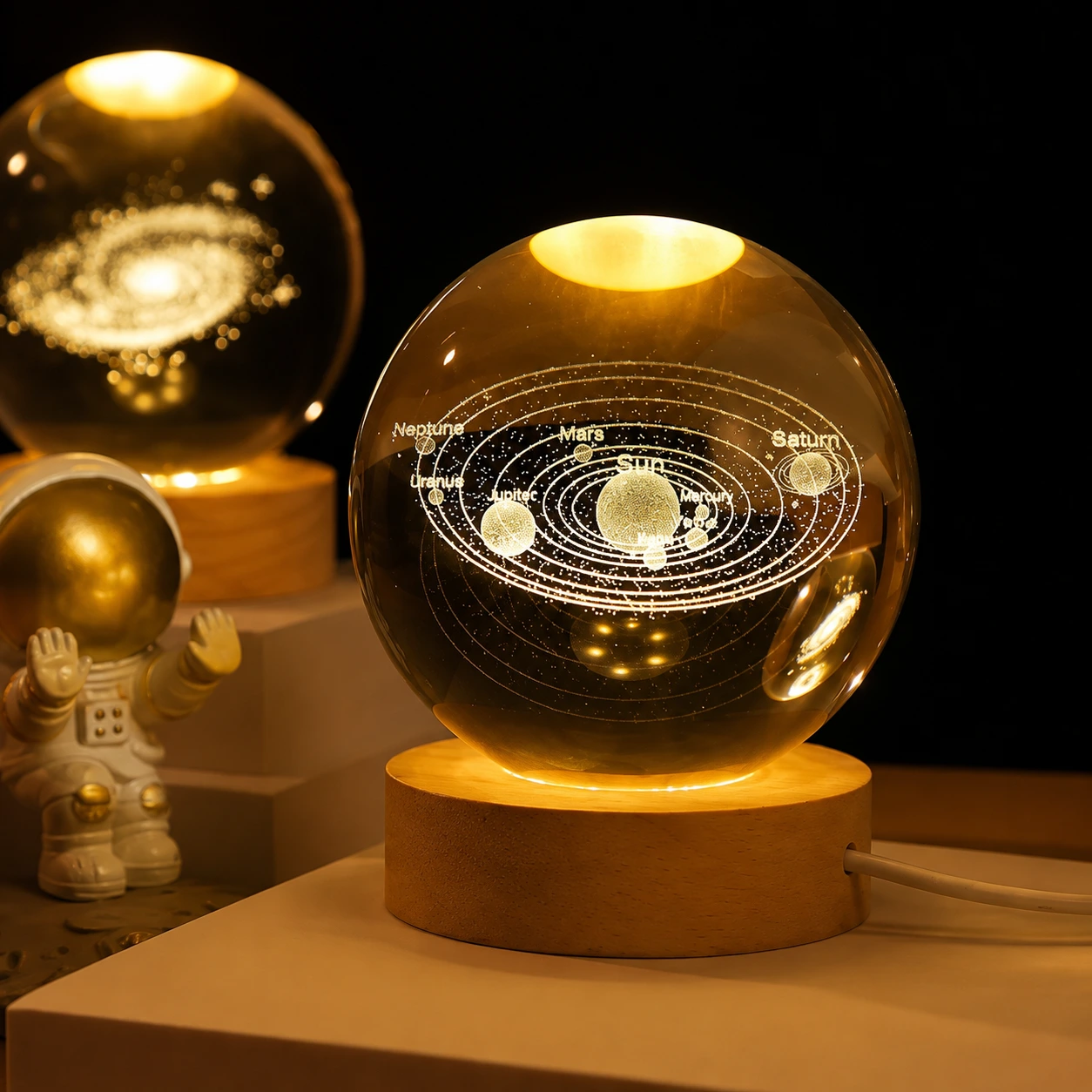 3D crystal ball solar system night lamp with glowing planets