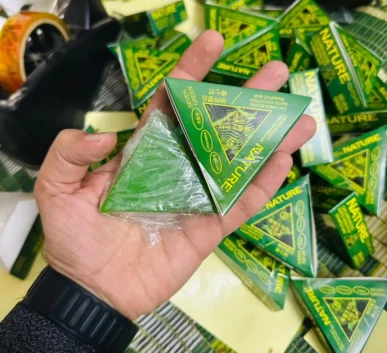 Seven Green Nature Herbal Triangular Green Packets in Hand