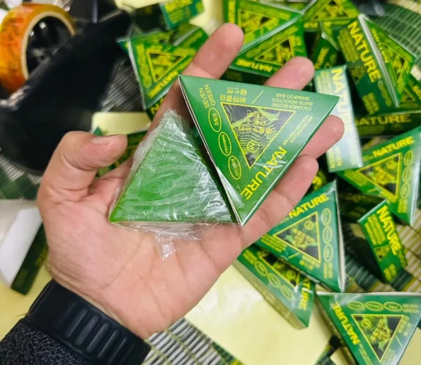 Seven Green Nature Herbal Triangular Green Packets in Hand
