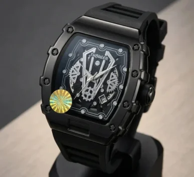 Black luxury skeleton watch with exposed gears, silver hands, and a modern rubber strap.