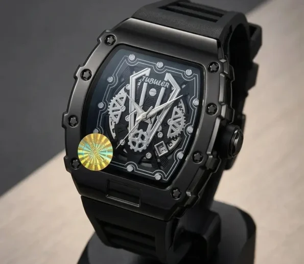 Black luxury skeleton watch with exposed gears, silver hands, and a modern rubber strap.