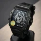 Black luxury skeleton watch with exposed gears, silver hands, and a modern rubber strap.