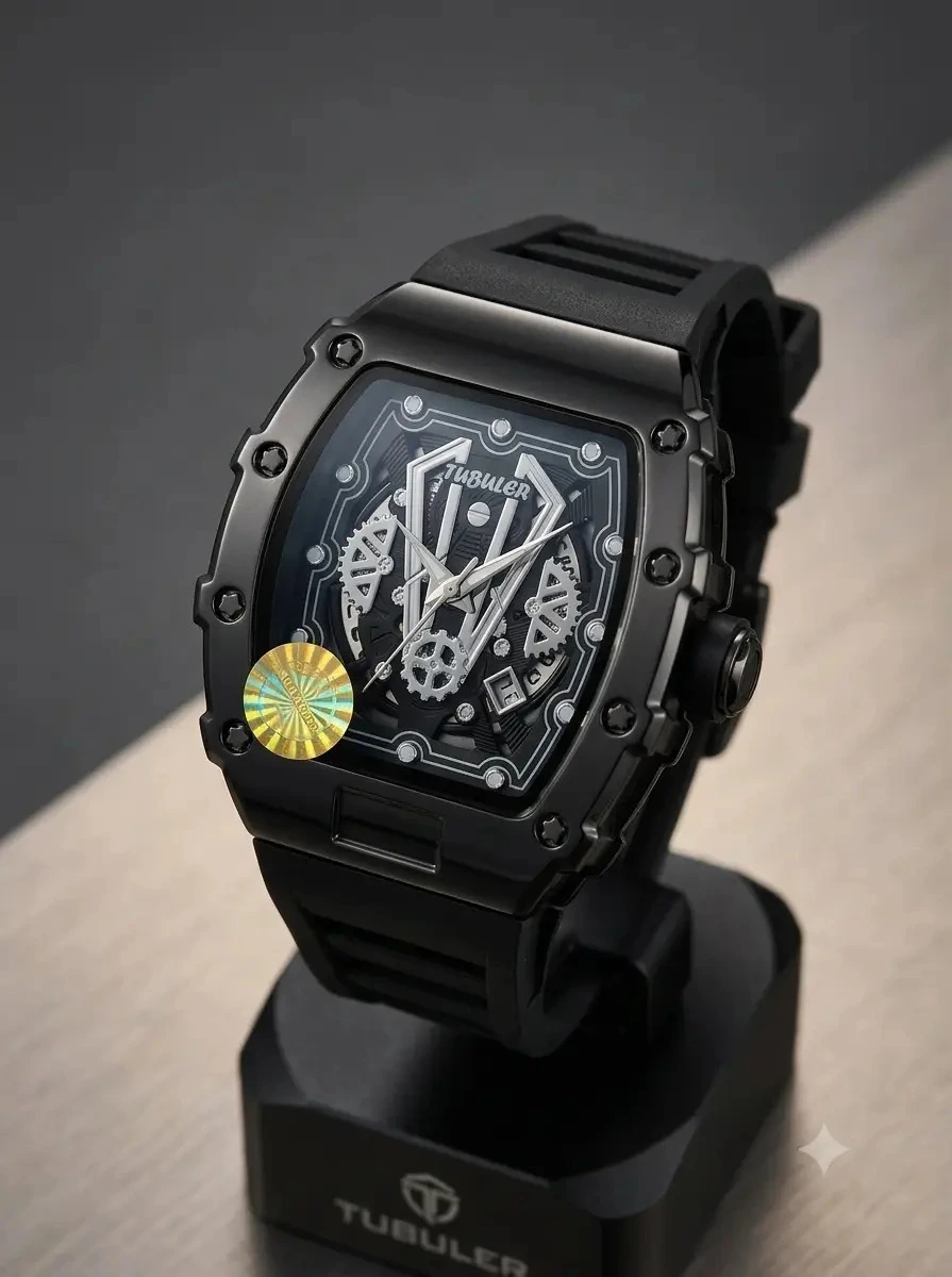 Black luxury skeleton watch with exposed gears, silver hands, and a modern rubber strap.