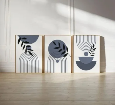 Minimalist abstract geometric wall art with arches, circles, and botanical leaves