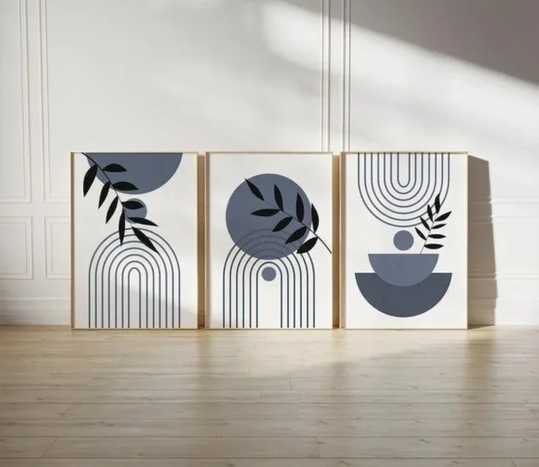 Minimalist abstract geometric wall art with arches, circles, and botanical leaves