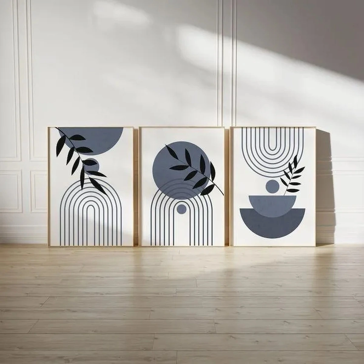 Minimalist abstract geometric wall art with arches, circles, and botanical leaves