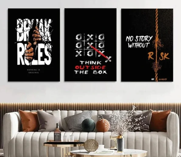 Black motivational wall art with risk and think outside the box quotes