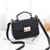 Black women’s handbag with white stitching and gold-tone clasp