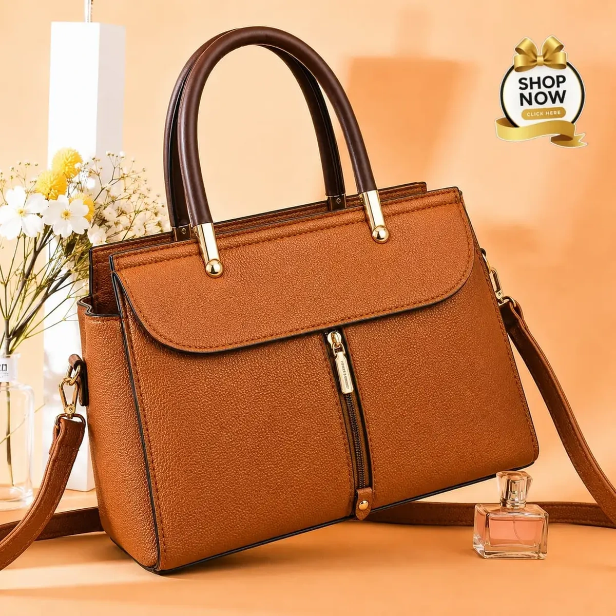 Elegant brown women’s handbag with top handles, front zipper, and shoulder strap.