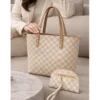 Cream checkered tote handbag with matching zip pouch and tan handles