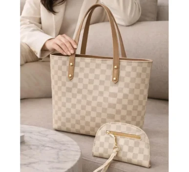 Cream checkered tote handbag with matching zip pouch and tan handles