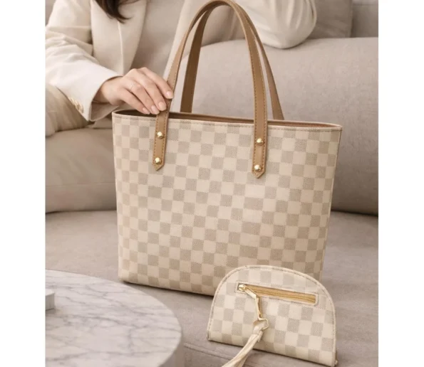 Cream checkered tote handbag with matching zip pouch and tan handles