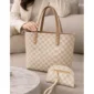 Cream checkered tote handbag with matching zip pouch and tan handles