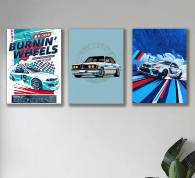 Stylish car wall art posters featuring drifting cars and BMW automotive designs
