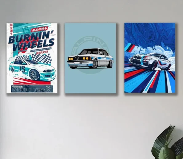 Stylish car wall art posters featuring drifting cars and BMW automotive designs