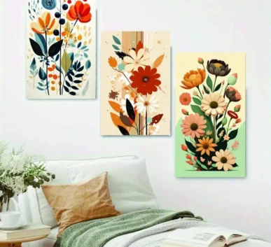 Colorful floral wall art panels with botanical flower illustrations in a modern bedroom