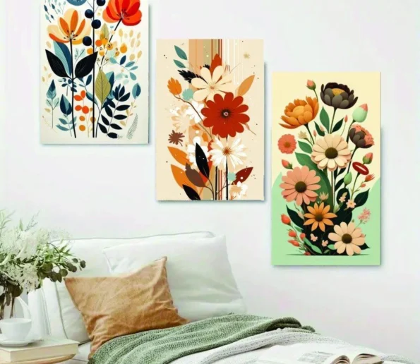 Colorful floral wall art panels with botanical flower illustrations in a modern bedroom