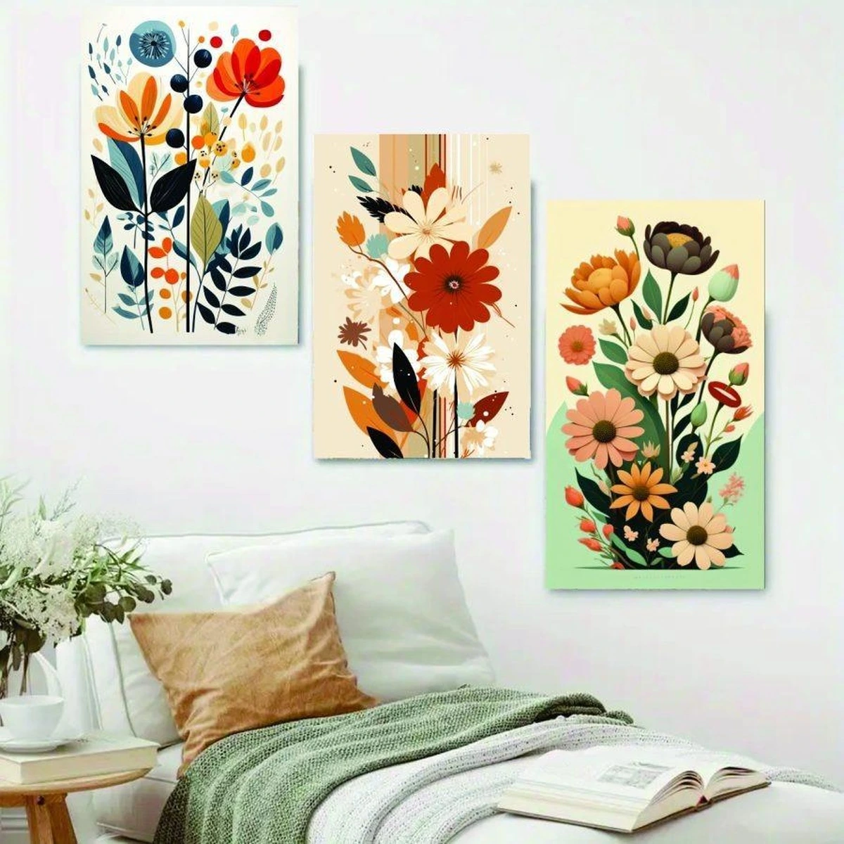 Colorful floral wall art panels with botanical flower illustrations in a modern bedroom