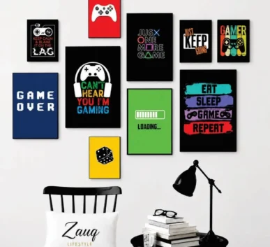 Gaming wall art collage with colorful game controller and gamer quote posters