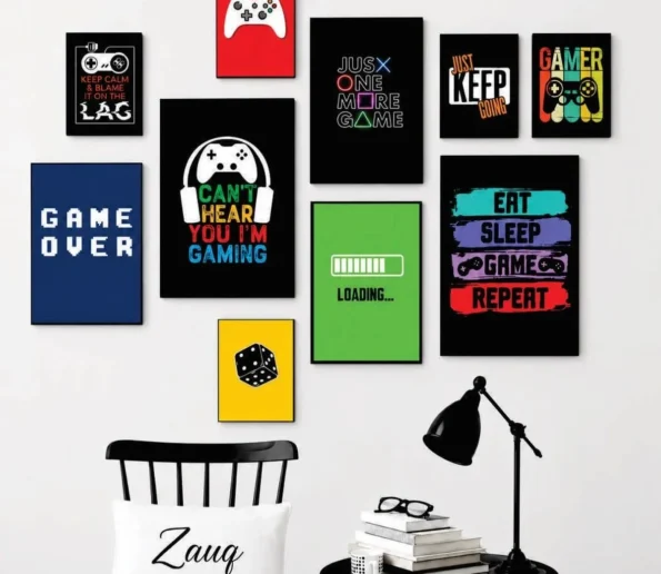 Gaming wall art collage with colorful game controller and gamer quote posters