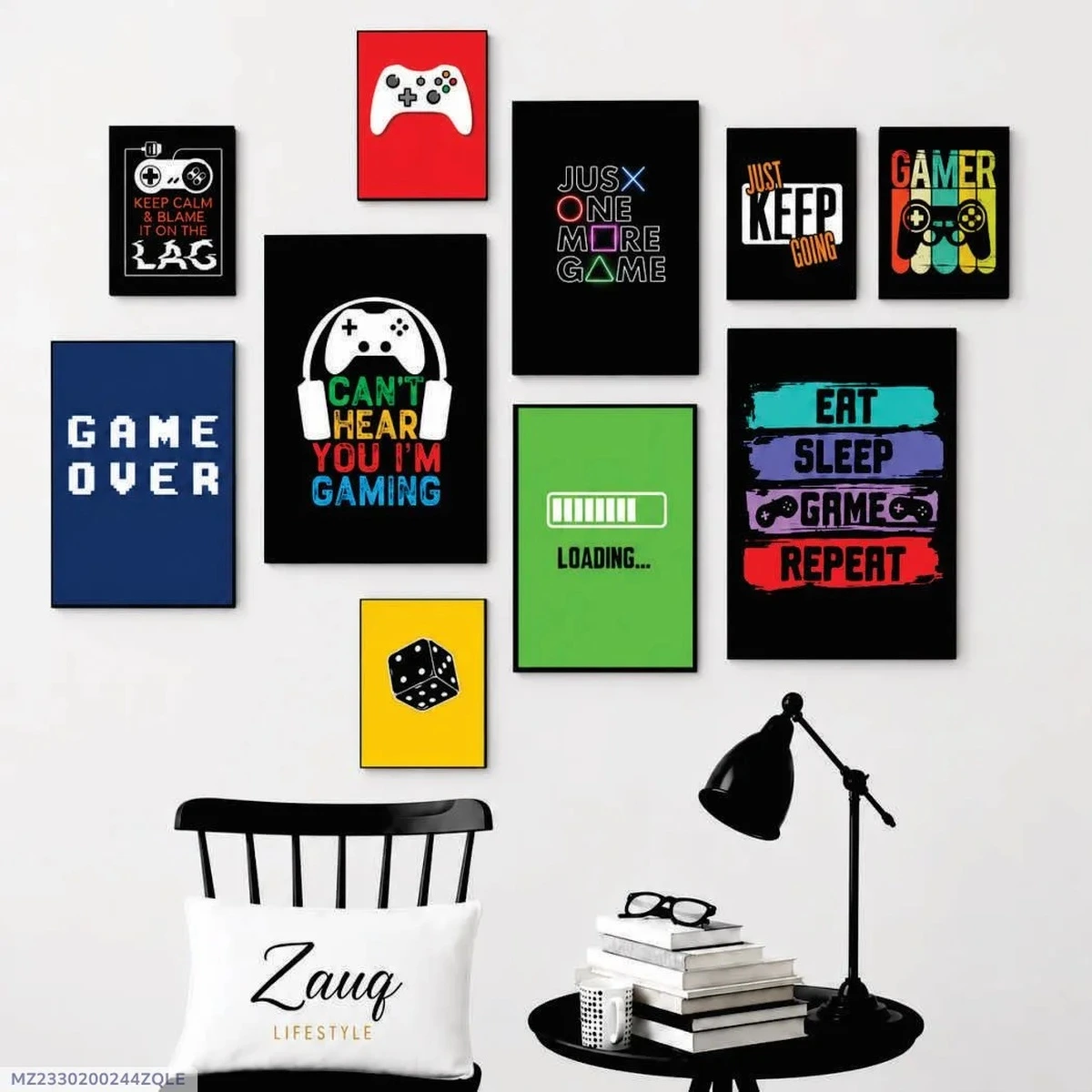 Gaming wall art collage with colorful game controller and gamer quote posters