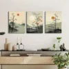 Japanese-inspired landscape wall art with trees, mountains, lakes, and orange sun prints