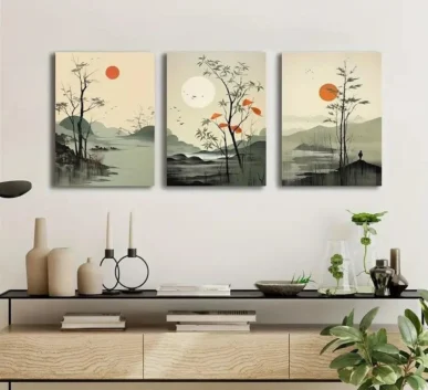 Japanese-inspired landscape wall art with trees, mountains, lakes, and orange sun prints
