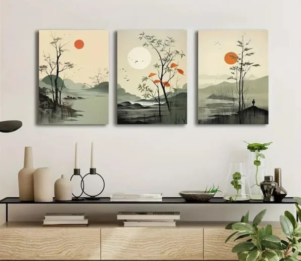 Japanese-inspired landscape wall art with trees, mountains, lakes, and orange sun prints