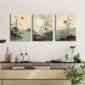 Japanese-inspired landscape wall art with trees, mountains, lakes, and orange sun prints