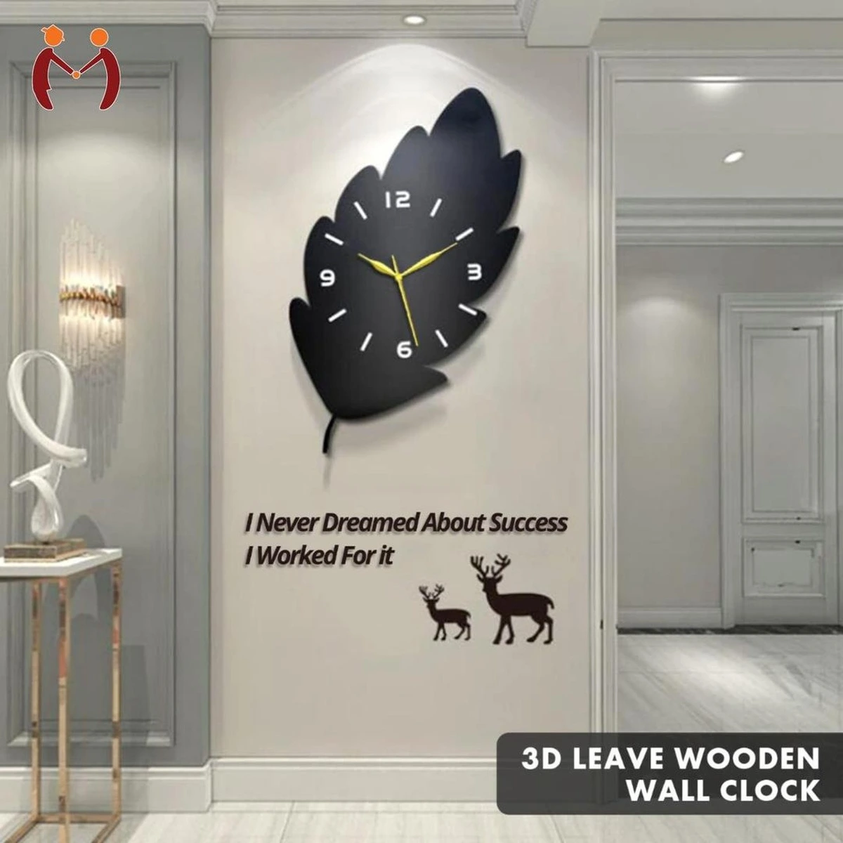 3D black leaf-shaped wooden wall clock with gold hands and modern decorative design.