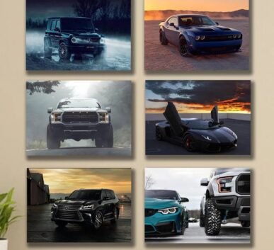 Luxury car wall art featuring Mercedes, Dodge, Ford, Lamborghini, Lexus, and BMW vehicles