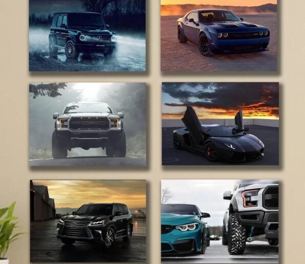 Luxury car wall art featuring Mercedes, Dodge, Ford, Lamborghini, Lexus, and BMW vehicles