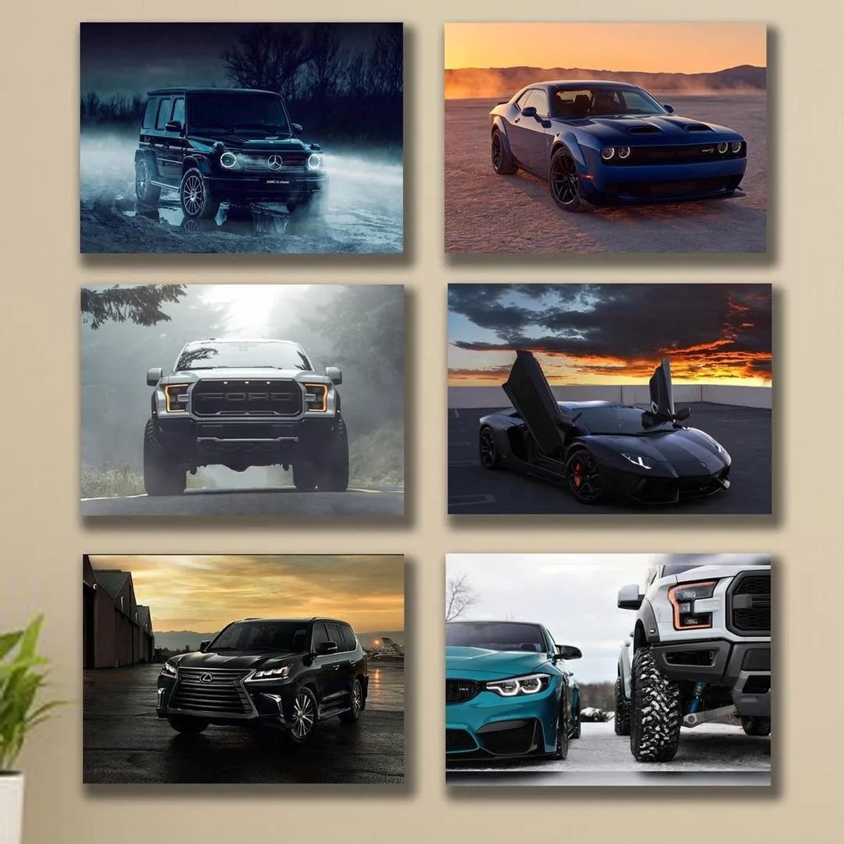 Luxury car wall art featuring Mercedes, Dodge, Ford, Lamborghini, Lexus, and BMW vehicles