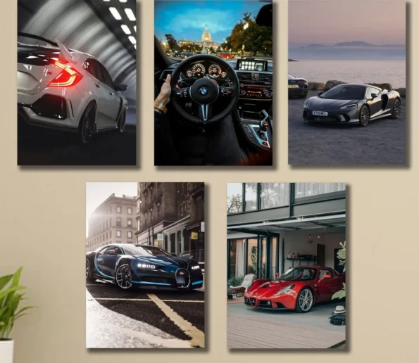 Luxury sports cars and premium car interiors displayed in a stylish automotive collage