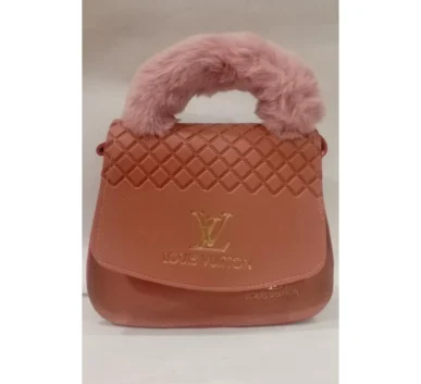 Pink quilted handbag with fluffy faux fur handle and gold-tone LV logo