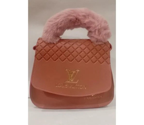 Pink quilted handbag with fluffy faux fur handle and gold-tone LV logo