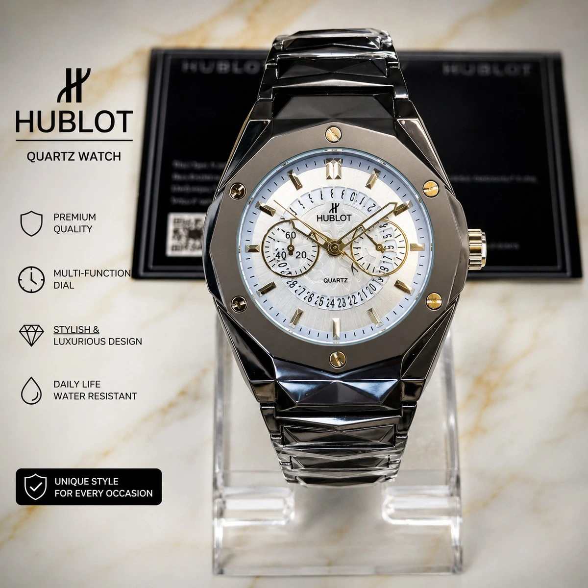 Luxury black metal quartz watch