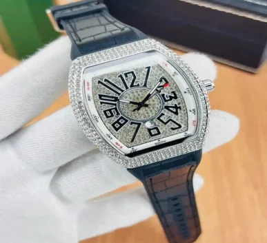 Luxury black leather strap watch with crystal dial
