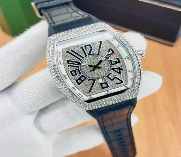 Luxury black leather strap watch with crystal dial