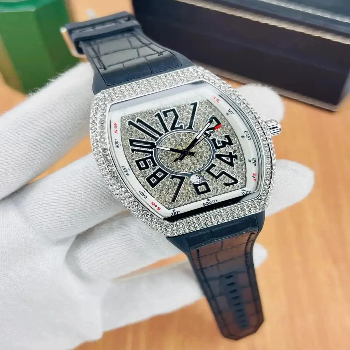 Luxury black leather strap watch with crystal dial