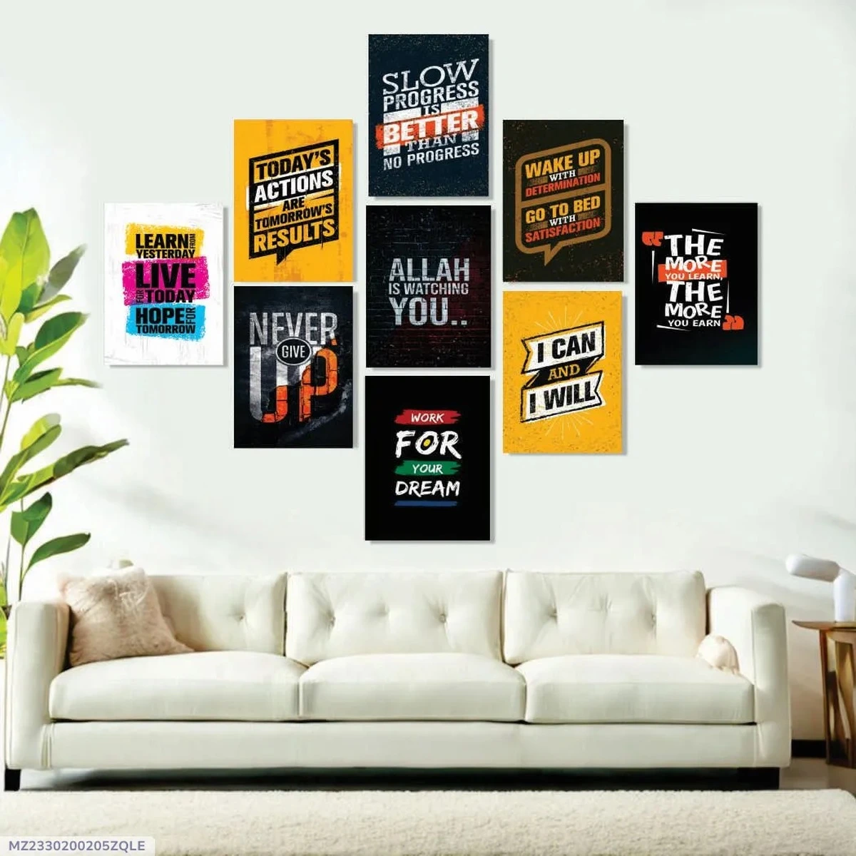 Motivational wall art posters with inspirational quotes displayed above a modern sofa