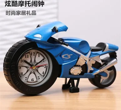 Blue motorcycle-shaped table clock with a detailed analog dial and sporty decorative design.