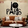 3D Paris wooden wall clock featuring Eiffel Tower design, black clock face, and elegant living room décor.