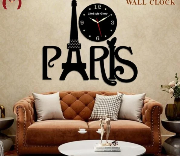 3D Paris wooden wall clock featuring Eiffel Tower design, black clock face, and elegant living room décor.