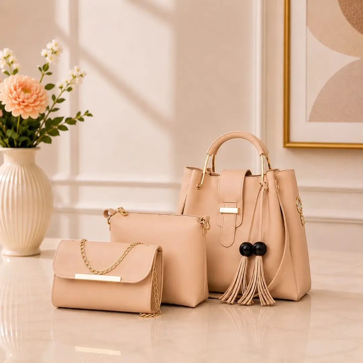Elegant peach women’s handbag set with matching clutch and pouch.
