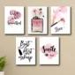 Pink beauty wall art featuring perfume, makeup, roses, and inspirational quotes