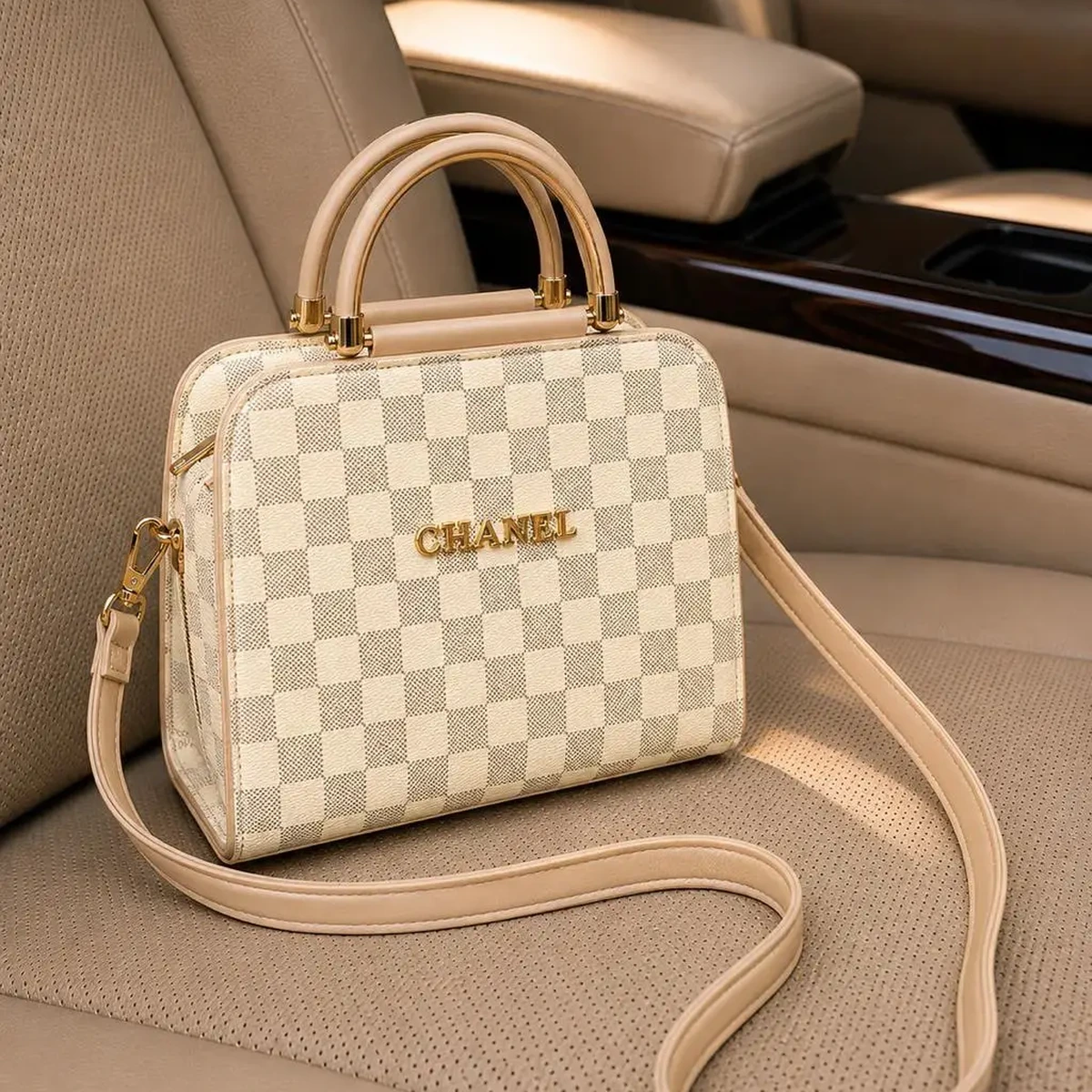 Beige checkered women’s handbag with shoulder strap on car seat