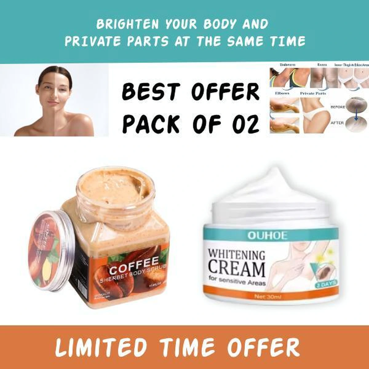 Coffee Body Scrub and Whitening Cream for Sensitive Areas