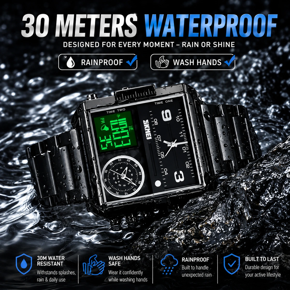 SKMEI 30M waterproof black watch